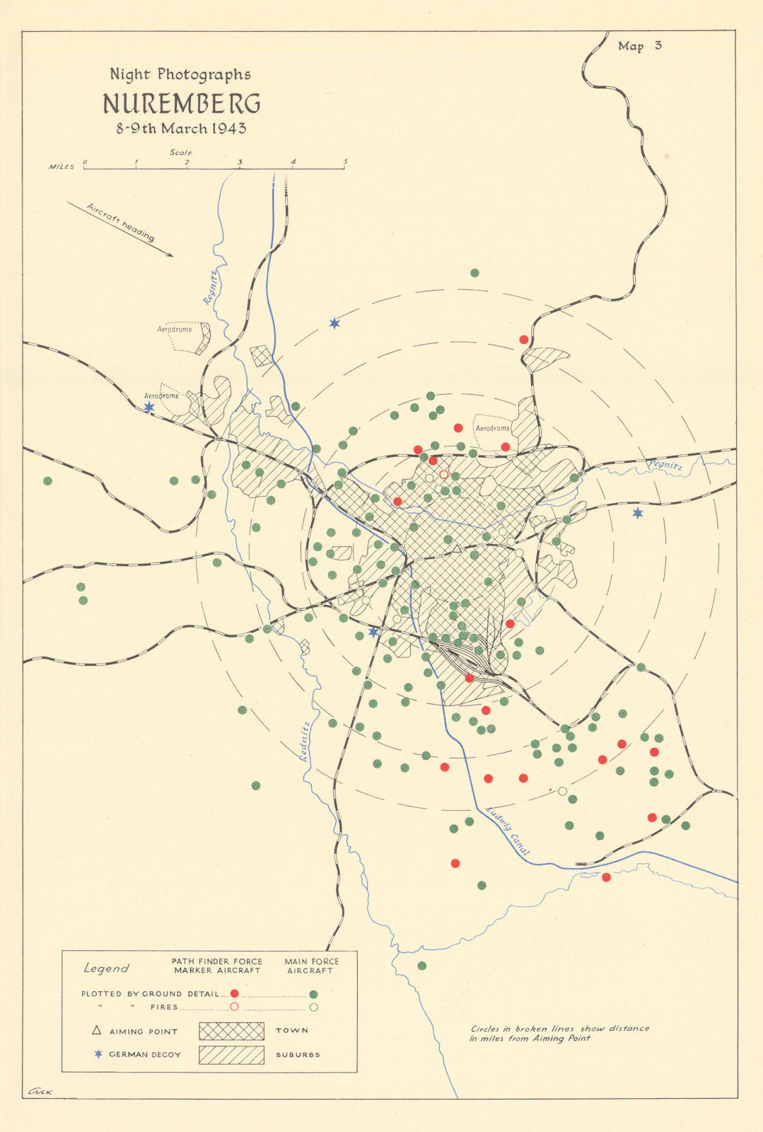 Nuremberg 8-9th March 1943 RAF bombing impact assessment. World War Two 1961 map